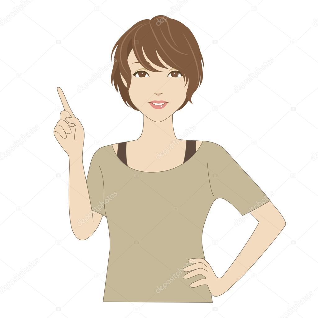 Smiling woman pointing up