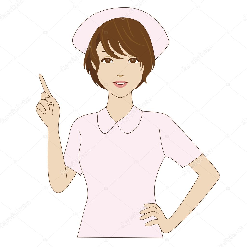 Smiling nurse pointing up with her index finger