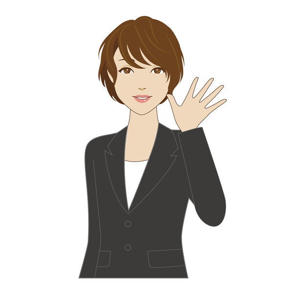 Smiling young woman in business suit waving her hand