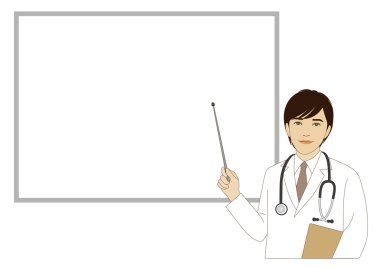 Bir işaretçi sopa tutan doktor gülümseyen