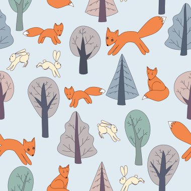 Dikişsiz el desen tilki ve yabani tavşan ile çekilmiş