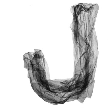 J harfi. Benzersiz fotoğraf alfabesi. Beyaz arkaplanda siyah dantel yazı tipi izole edildi.