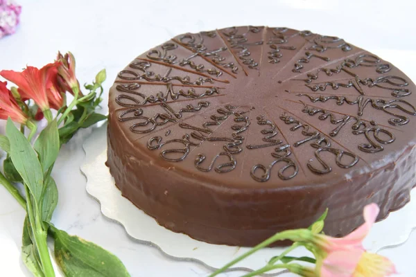 Delicioso Bolo Laranja Com Cobertura Decoração Frutas Frescas Laranja Chocolate — Fotografia de Stock