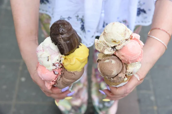 Mains Féminines Tenant Deux Crèmes Glacées Colorées Dans Une Plaquette — Photo