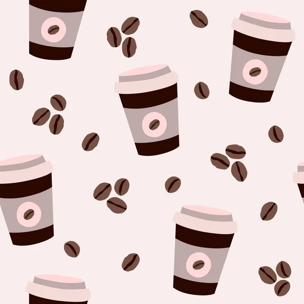 咖啡外卖杯和咖啡豆-在白色背景上孤立的时髦无缝图案矢量图 矢量图形