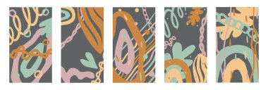 Hikayeler için düzenlenebilir şablon seti. Sosyal medya, el ilanları ve kart için modern soyut kapak tasarımı. Geometrik şekilleri moda renklerle kavra. Renkli vektör illüstrasyonu