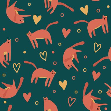 Şirin kedilerin oturduğu, yürüdüğü ve etraftaki elementlerle uyuduğu kusursuz bir düzen. Modern tarzda koyu yeşil arkaplanda izole edilmiş vektör illüstrasyonu. Tekstil ve ambalaj için mükemmel