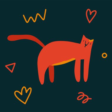Etrafta soyut elementlerle dolaşan sevimli, orijinal moda bir kedi. Modern tarzda koyu arkaplanda izole edilmiş vektör illüstrasyonu. Kartlar, posterler, baskılar için mükemmel.