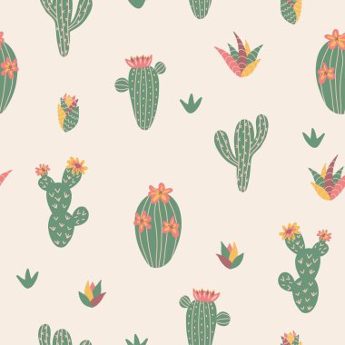 Pastel renklerde şirin bir kaktüsün kusursuz deseni. Çocuk kıyafetleri, kumaş, tekstil, çocuk odası dekorasyonu, ambalaj kağıdı için mükemmel. Vektör illüstrasyonu