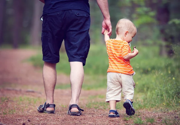 Pai e filho caminhando na floresta — Fotografia de Stock