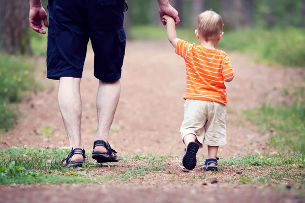 Otec a syn kráčející v lese — Stock fotografie