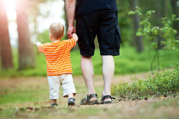 Far och son vandrar i skogen — Stockfoto