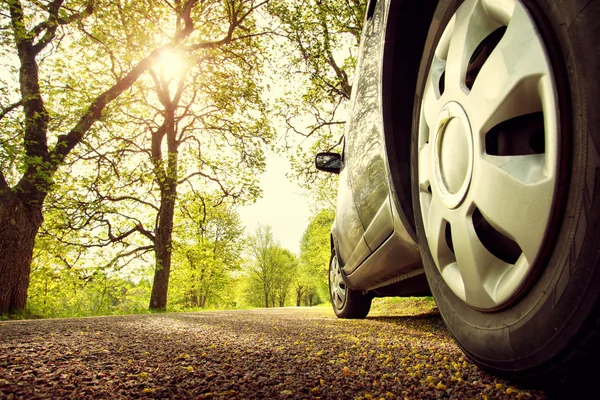 Auto im Frühjahr auf Asphaltstraße — Stockfoto