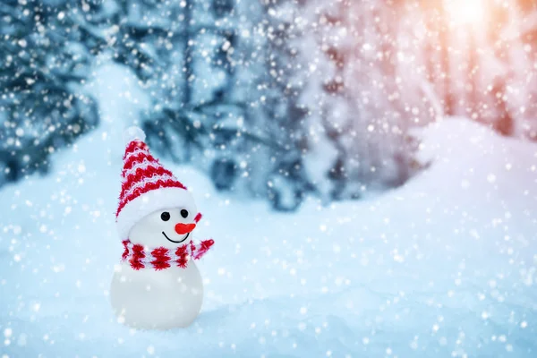 Pequeño muñeco de nieve sobre nieve suave en el bosque —  Fotos de Stock