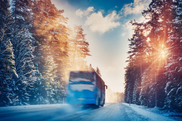 Bus Asphalt Road Beautiful Winter Day Countryside Transport Snowy Road — Stock Photo, Image