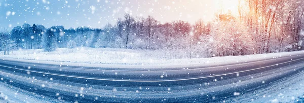 Panorama Winter Road Covered Snow Snowfall Beautiful Trees Edges Road — Stock Photo, Image