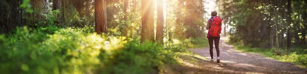 Mulher caminhando e indo acampar na natureza — Fotografia de Stock