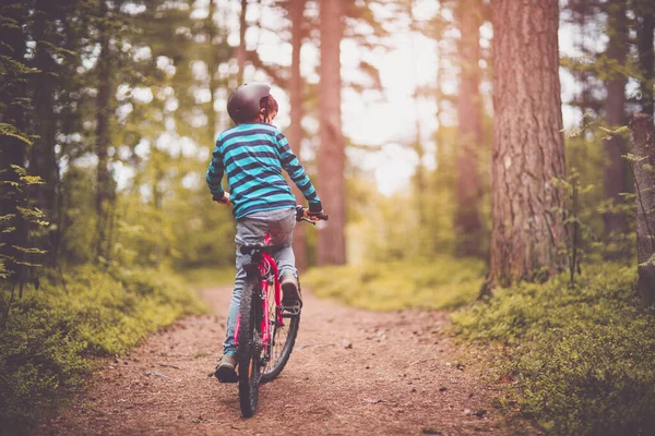 Niño en bicicleta en el bosque temprano en la mañana — Foto de Stock