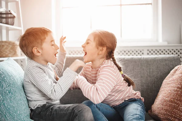 Evde Kavga Eden Iki Küçük Çocuk Aile Ilişkisi Arkadaşlık Kavramı — Stok fotoğraf