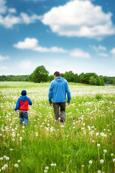 Padre e hijo en el campo de diente de león — Foto de Stock