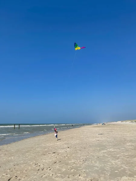 Une personne qui pilote un cerf-volant sur la plage. — Photo