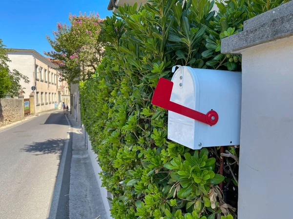 White, red us mail, mailbox withe the street and green bushes in the background.