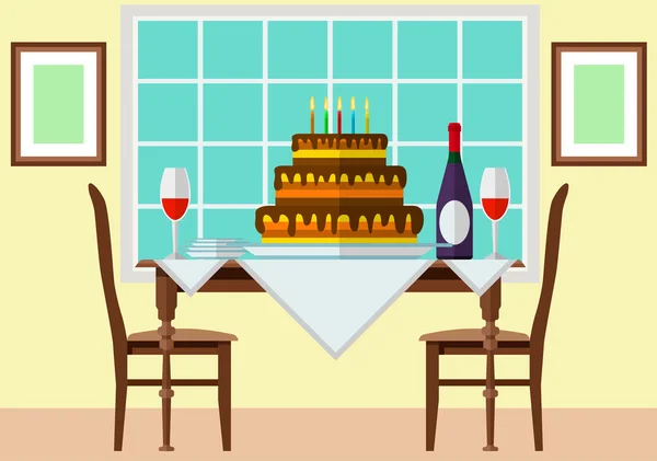 Kuchen und Wein auf festlichem Tisch — Stockvektor