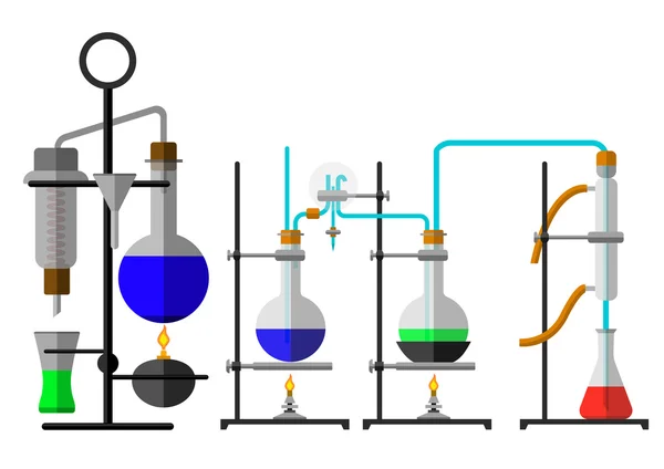 Set de reactivo químico de matraz de laboratorio en diseño plano — Vector de stock