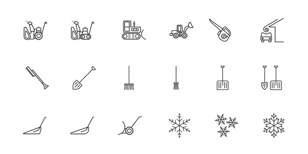 Un conjunto de iconos vectoriales simples sobre el tema de la eliminación de la nieve. Hay iconos como un quitanieves, un soplador, un tractor, un cargador, un rascador, una pala, una escoba, un cepillo, una avalancha — Vector de stock