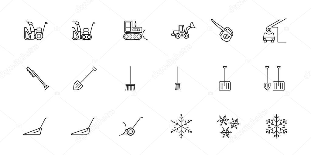A set of simple vector icons on the theme of snow removal. There are such icons as a snow plow, a blower, a tractor, a loader, a scraper, a shovel, a broom, a brush, an avalanche