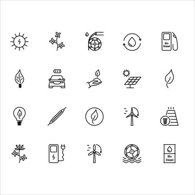 Enerji, alternatif, ekoloji. Beyaz arka planda izole edilmiş basit bir vektör simgesi kümesi. 64x64 piksel.