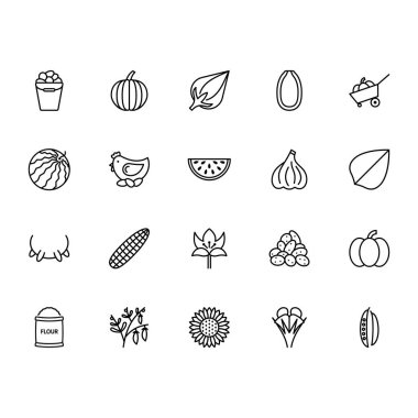 Çiftçilik Hattı Simgesi Basit bir şekilde. İkonlar sebze, mercimek, bezelye, karabuğday, balkabağı, ayçiçeği, hasat, çiftçi, at, kaz, tavuk, yumurta. Basit bir şekilde vektör simgeleri kümesi