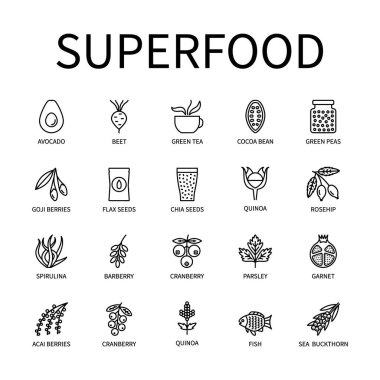 Superfood Hattı Simgesi. Basit bir şekilde. Avokado Yeşil Çay Narı Chia Balık Pancar Kakaolu, Maydanoz, Böğürtlen Kızılcık Gülü sunulur. Bir vektör simgeleri kümesi