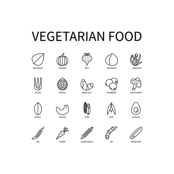 Linea Icona Cibo Vegetariano In Stile Semplice. Set di icone vettoriali in stile semplice, isolate su sfondo bianco. — Vettoriale Stock