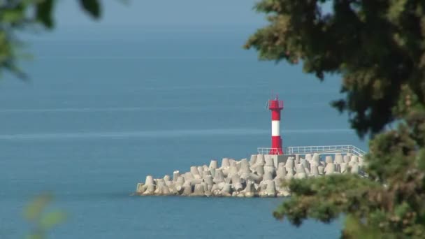 Poort vuurtoren op de achtergrond van de blauwe zee en groene bladeren op een zonnige dag — Stockvideo