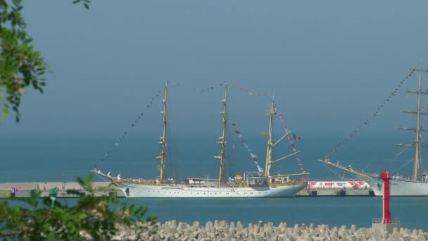 Panorama van de grote zeilschepen aangemonsterd op de ligplaatsen in de haven — Stockvideo