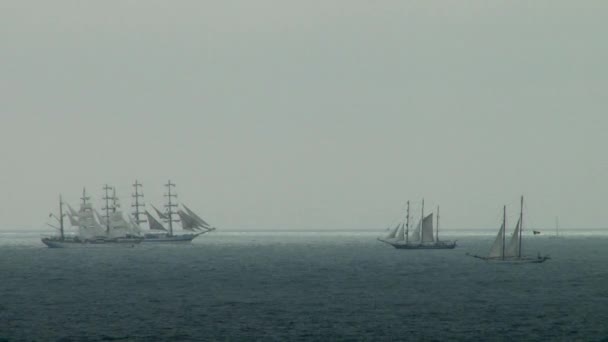 4 парусника, маневрирующие в бурном море во время — стоковое видео