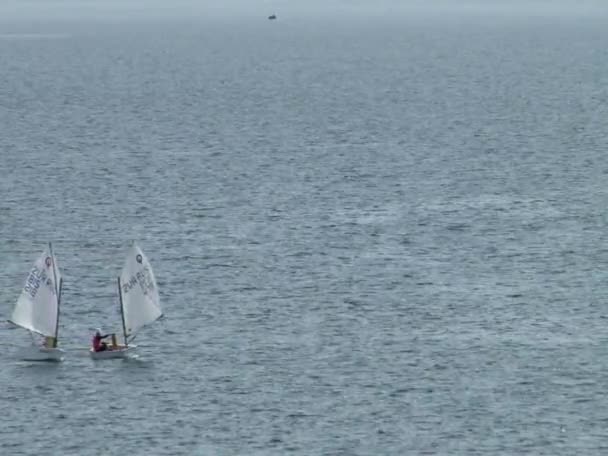 Atletas en las canchas de vela flotando en las aguas de la ciudad de Sochi en el Mar Negro en la primavera de 2015 — Vídeo de stock