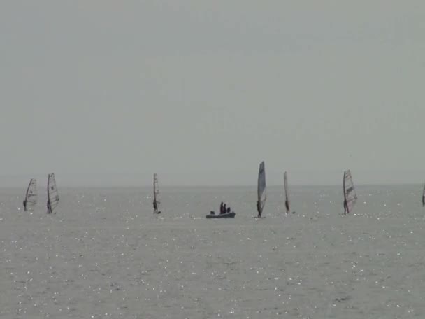 Athleten auf den Segelplätzen, die im Wasser der Stadt Sotschi am Schwarzen Meer schwimmen — Stockvideo