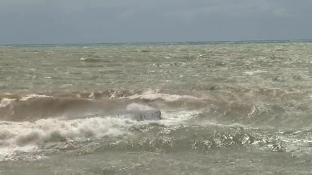 黒海の嵐の中、海辺に沿って大きな波遊歩道します。 — ストック動画