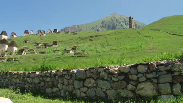 The medieval city of the dead in the village of Dargavs in North Ossetia-Alania — Stock Video