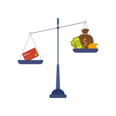 Kredi kartı ve bir çanta dolusu parayla geçmişe dönük teraziler. vektör illüstrasyonu