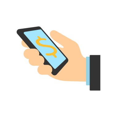 Elinde bir dolar ikonu olan bir telefon. vektör illüstrasyonu