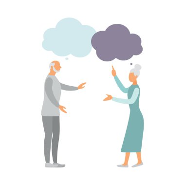 Beyaz bir geçmişi olan yaşlı insanlar. İletişim konsepti. Erkek ve kadın. Düz stil. Diyalog illüstrasyonu