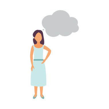 İllüzyon, düz stil, kadın düşünüyor. Beyaz arka planda düşünceleri olan bir kadın..