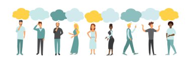Vektör illüstrasyonu, düz stil, insanlar konuşur. Beyaz arka plan hakkında düşünceleri olan insanlar..