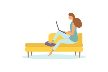 Evde dizüstü bilgisayarla çalışan bir kadın. Uzaktan erişim. Vektör illüstrasyonu