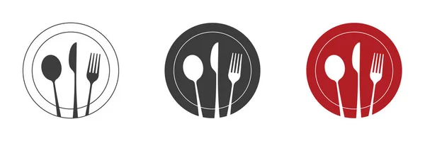 料理だ スプーン フォーク ナイフとプレートのアイコンセット メニューロゴ 刃物のシルエット ベクターイラスト — ストック写真