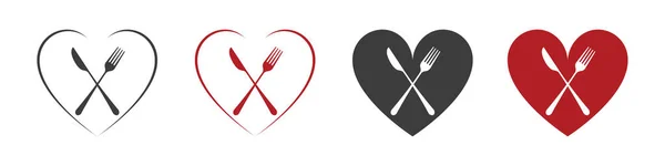 Πιάτα Σύνολο Εικονιδίων Πιρούνι Μαχαίρι Και Καρδιά Λογότυπο Μενού Σιλουέτα — Φωτογραφία Αρχείου