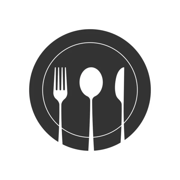 料理だ フォーク ナイフ スプーン プレートのアイコン メニューロゴ カトラリーのシルエット 食べ物への愛 — ストック写真